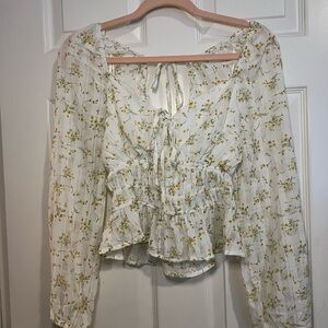 Dizzy Lizzy Sweetheart Floral Cottagecore Tie Blouse with Yellow Highlights